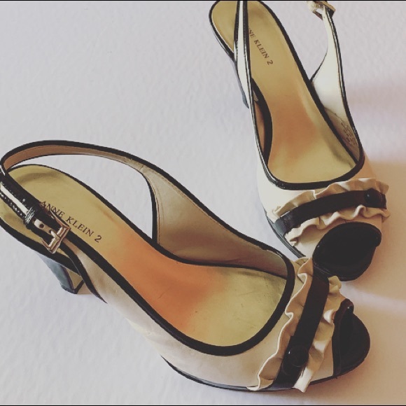 Anne Klein Shoes - Anne Klein Cream Black Peep Toe Sling Back Heels 9